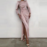 Toleet 2023 Autumn Winter Women Satin Puff Long Sleeve Side Slit Midi Dress Bodycon Ruched Patchwork Party Elegant Evening