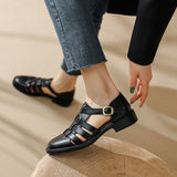 2022 Summer Women Shoes Round Toe Low Heel Shoes Women Solid Women Sandals Casual Cow Leather Shoes for Women Roman Black Shoes Vstacam