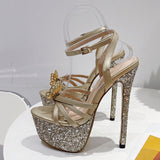 Vstacam Runway Style Glitter Sequined Platform Super High Heel Party Wedding Banquet Shoes Bowknot Summer Gold Sandals Women Pumps Vstacam