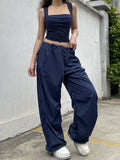 Vstacam 2022 Summer Y2k Blue Cargo Pants Womens Outifit Drawstring Baggy Sexy Crop Top And Low Waist Wid Leg Pant Set Fashion Vstacam