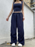 Vstacam 2022 Summer Y2k Blue Cargo Pants Womens Outifit Drawstring Baggy Sexy Crop Top And Low Waist Wid Leg Pant Set Fashion Vstacam