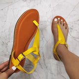 2022 Beach Sandals Women Summer Flat Shoes Flat Heel Open Toe Flip Flops Buckle Leather Sandal Solid Yellow Large Size 37-41 Vstacam