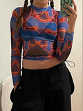 Toleet Streetwear Graphic Printed Skinny Mesh Top Women Y2K Vintage Aesthetic See Through Sexy Crop Tops Party 2000s Outfits