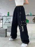 Toleet Gothic Harajuku Black Cargo Pants Women Chain Wide Leg Goth Hippie Streetwear White Trousers Loose Female Baggy Fashion