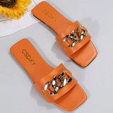 2023 New Women Summer Slipper Square Toe Chain Flat Slide Sandals Beach Cute Temperament Flip Flops Ladies Big Size Woman Shoes Vstacam