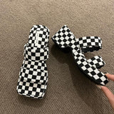 Vstacam Back to School 2022 Summer Fashion Platform Wedge Slides Casual Brand Checkerboard Design Ladies Slipper Outdoor Casual Sandal Shoes Vstacam