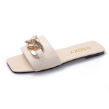 2023 New Women Summer Slipper Square Toe Chain Flat Slide Sandals Beach Cute Temperament Flip Flops Ladies Big Size Woman Shoes Vstacam